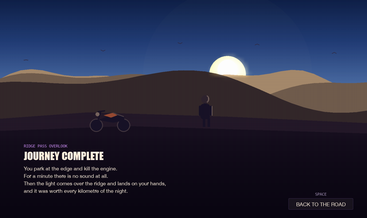 The closing story beat: the sun clearing the ridge, the rider standing at the overlook beside the parked bike.